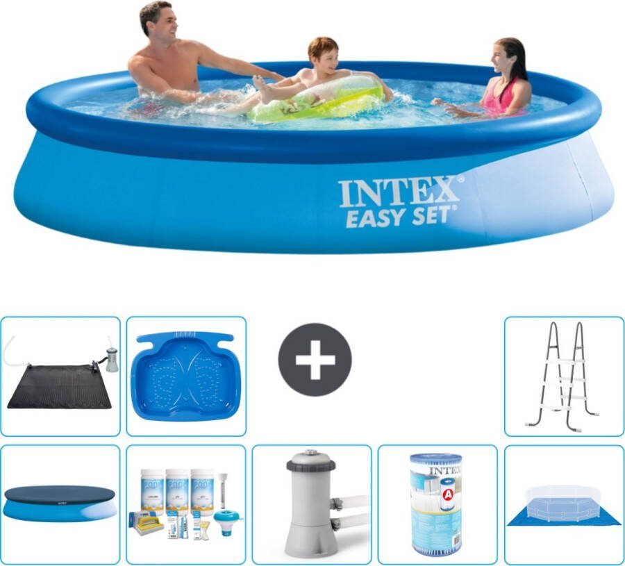 Intex Easy Set Intex Rond Opblaasbaar Easy Set Zwembad 366 x 76 cm Blauw Inclusief Afdekzeil Onderhoudspakket Zwembadfilterpomp Filter Grondzeil Solar Mat Ladder Voetenbad