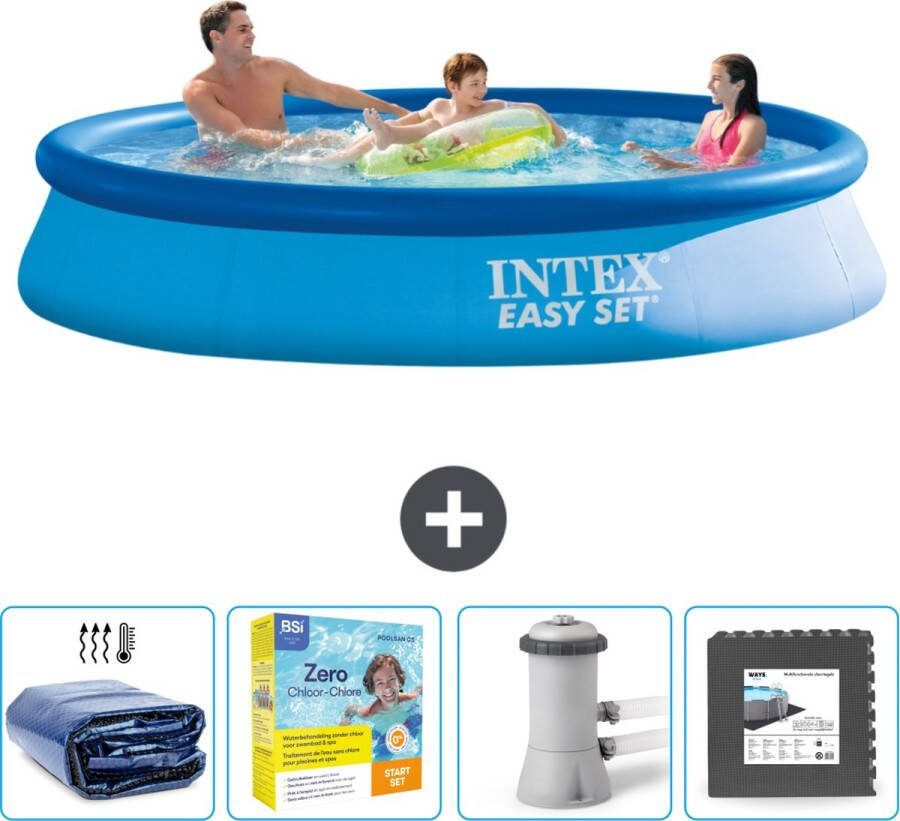 Intex Easy Set Intex Rond Opblaasbaar Easy Set Zwembad 366 x 76 cm Blauw Inclusief Solarzeil Onderhoudspakket Zwembadfilterpomp Vloertegels