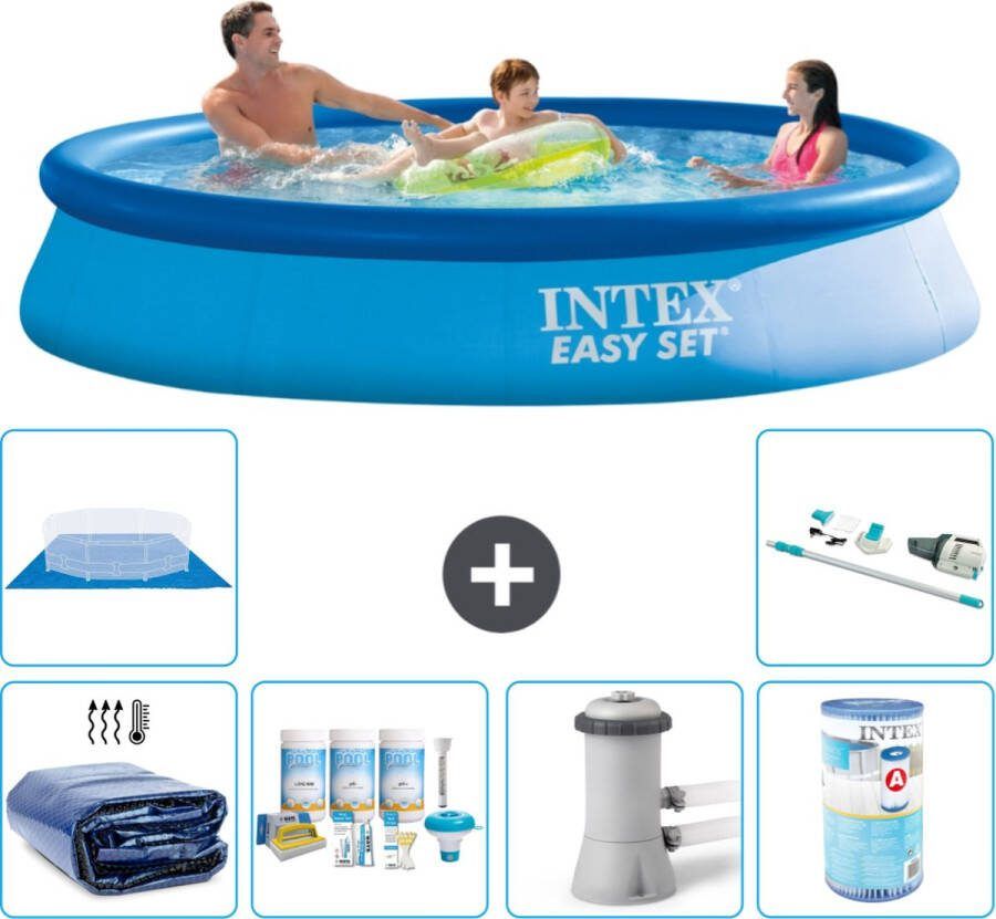 Intex Easy Set Intex Rond Opblaasbaar Easy Set Zwembad 366 x 76 cm Blauw Inclusief Solarzeil Onderhoudspakket Zwembadfilterpomp Filter Grondzeil Stofzuiger