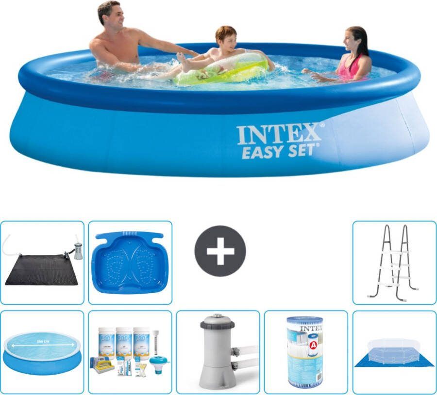 Intex Easy Set Intex Rond Opblaasbaar Easy Set Zwembad 366 x 76 cm Blauw Inclusief Solarzeil Onderhoudspakket Zwembadfilterpomp Filter Grondzeil Solar Mat Ladder Voetenbad