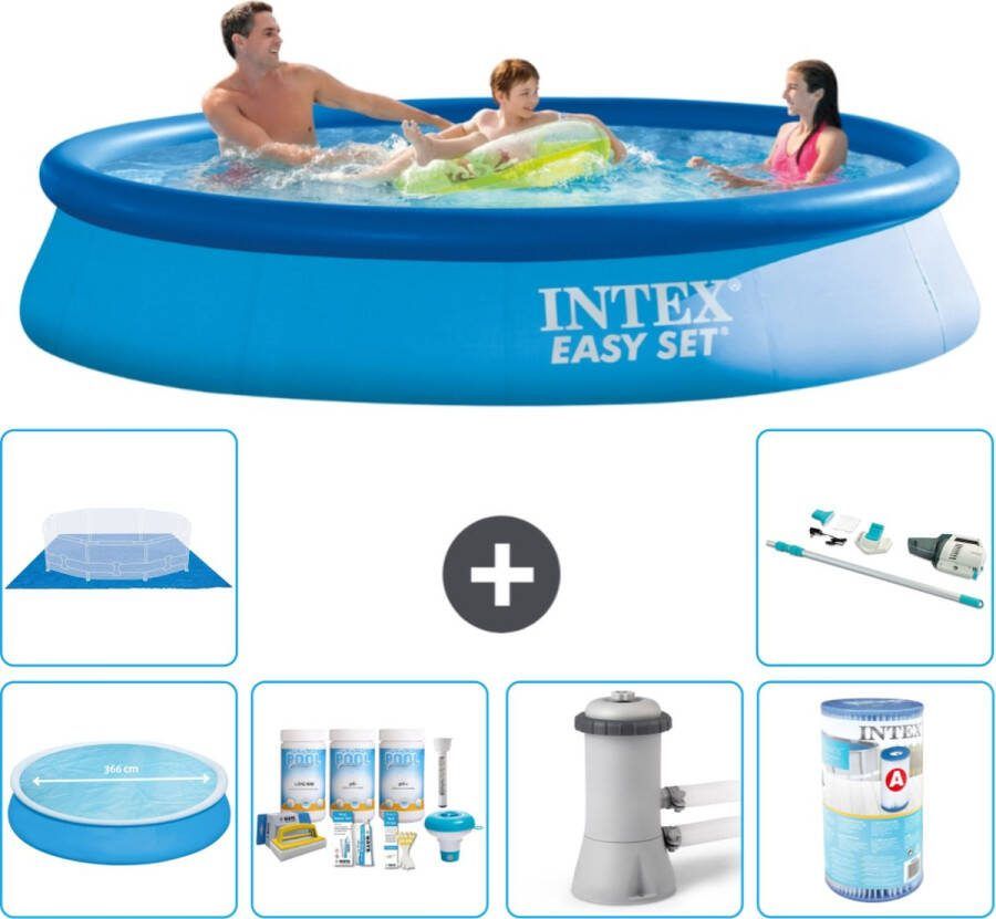 Intex Easy Set Intex Rond Opblaasbaar Easy Set Zwembad 366 x 76 cm Blauw Inclusief Solarzeil Onderhoudspakket Zwembadfilterpomp Filter Grondzeil Stofzuiger