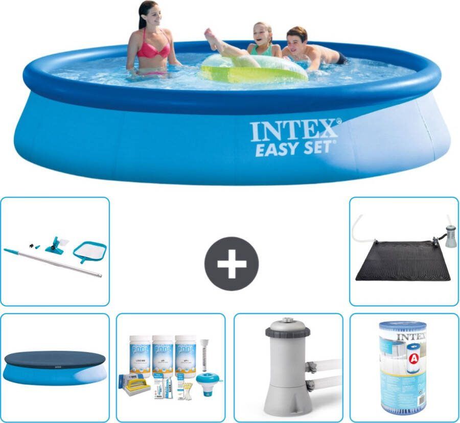 Intex Easy Set Intex Rond Opblaasbaar Easy Set Zwembad 396 x 84 cm Blauw Inclusief Afdekzeil Onderhoudspakket Zwembadfilterpomp Filter Schoonmaakset Solar Mat