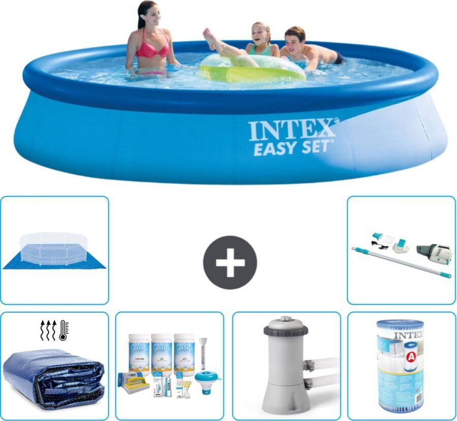 Intex Easy Set Intex Rond Opblaasbaar Easy Set Zwembad 396 x 84 cm Blauw Inclusief Solarzeil Onderhoudspakket Zwembadfilterpomp Filter Grondzeil Stofzuiger