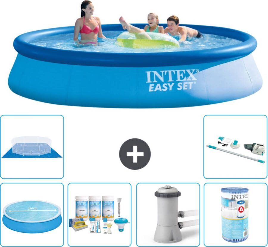 Intex Easy Set Intex Rond Opblaasbaar Easy Set Zwembad 396 x 84 cm Blauw Inclusief Solarzeil Onderhoudspakket Zwembadfilterpomp Filter Grondzeil Stofzuiger