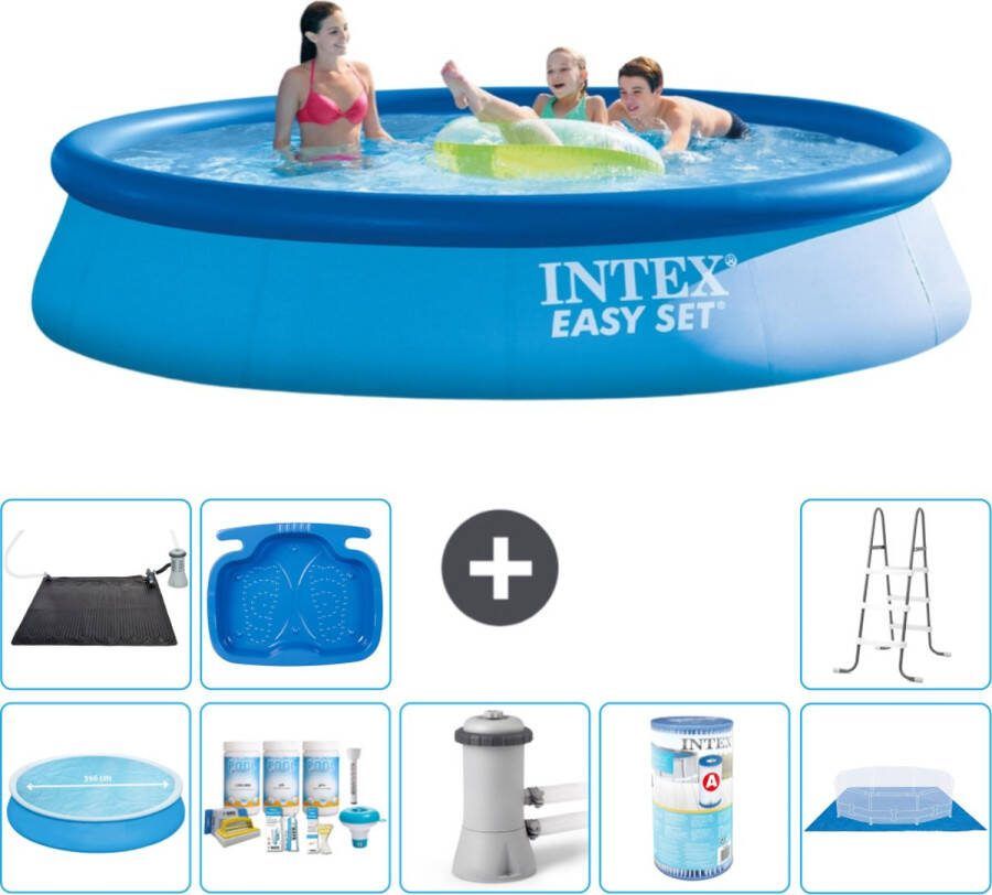 Intex Easy Set Intex Rond Opblaasbaar Easy Set Zwembad 396 x 84 cm Blauw Inclusief Solarzeil Onderhoudspakket Zwembadfilterpomp Filter Grondzeil Solar Mat Ladder Voetenbad