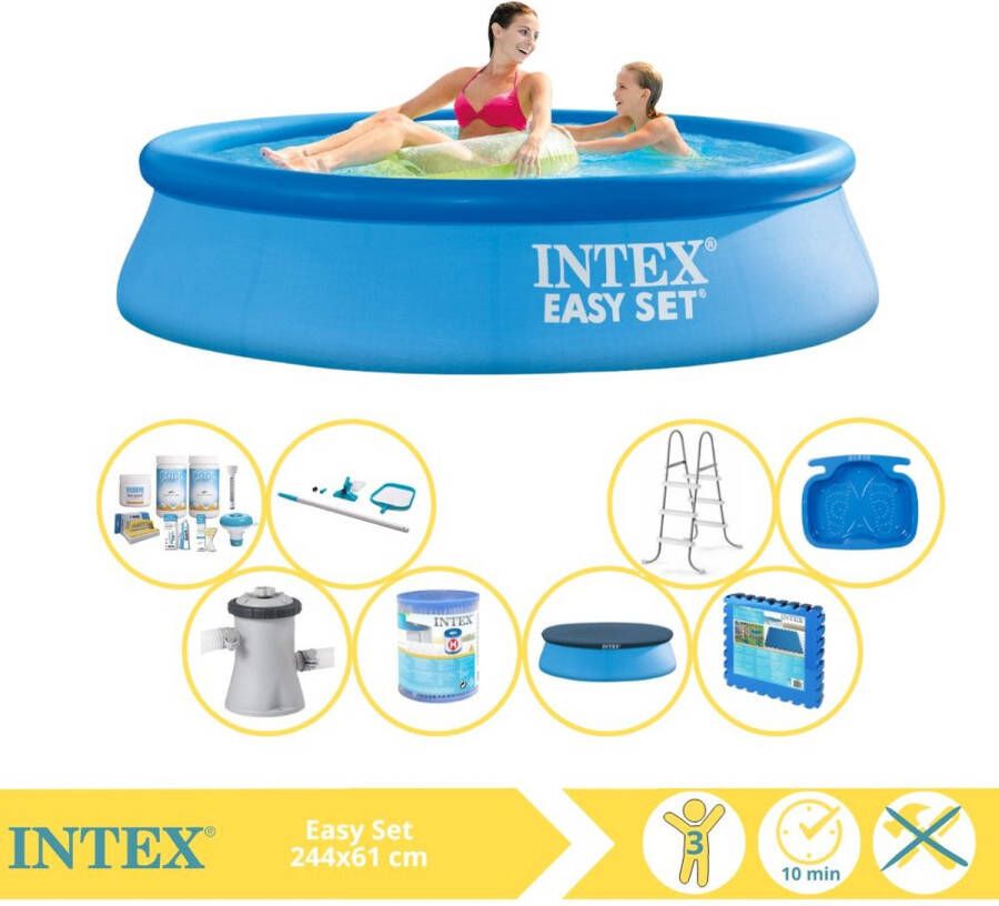 Intex Easy Set Zwembad Opblaaszwembad 244x61 cm Inclusief Afdekzeil Onderhoudspakket Filter Onderhoudsset Zwembadtegels en Warmtepomp HS