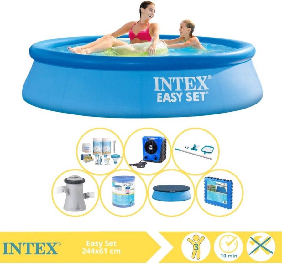 Intex Easy Set Zwembad Opblaaszwembad 244x61 cm Inclusief Afdekzeil Onderhoudspakket Zwembadpomp Filter Stofzuiger Zwembadtegels en Warmtepomp HS