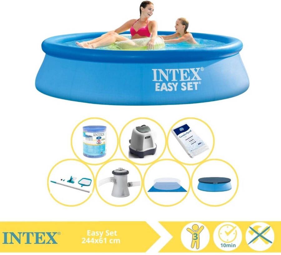 Intex Easy Set Zwembad Opblaaszwembad 244x61 cm Inclusief Afdekzeil Zwembadpomp Filter Grondzeil Onderhoudsset Zoutsysteem en Zout