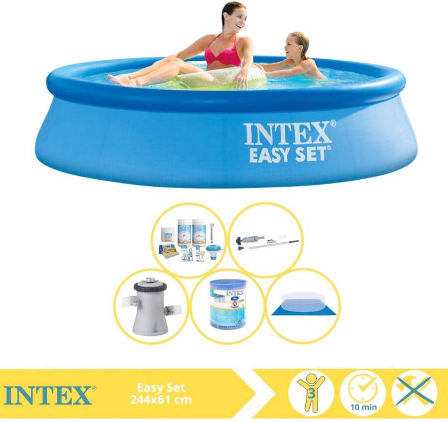 Intex Easy Set Zwembad Opblaaszwembad 244x61 cm Inclusief Onderhoudspakket Zwembadpomp Filter Grondzeil en Stofzuiger