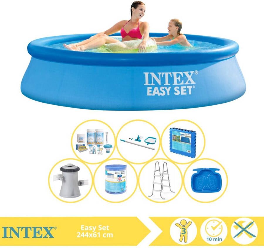 Intex Easy Set Zwembad Opblaaszwembad 244x61 cm Inclusief Onderhoudspakket Zwembadpomp Filter Onderhoudsset Trap Voetenbad en Zwembadtegels