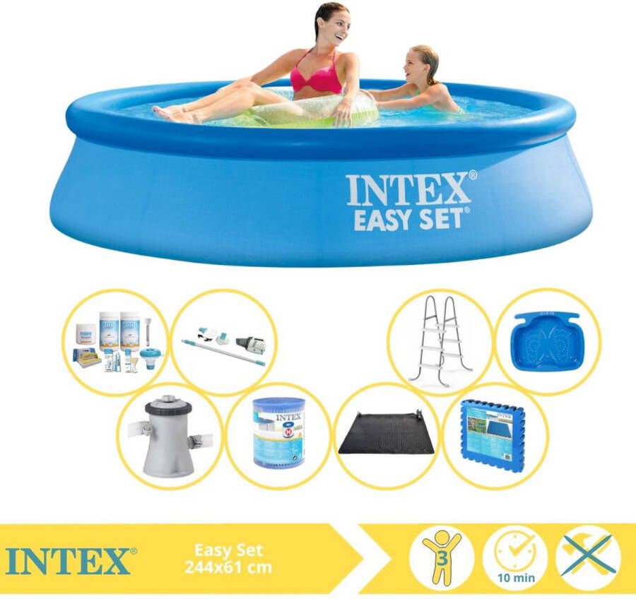 Intex Easy Set Zwembad Opblaaszwembad 244x61 cm Inclusief Onderhoudspakket Zwembadpomp Filter Stofzuiger Solar Mat en Zwembadtegels