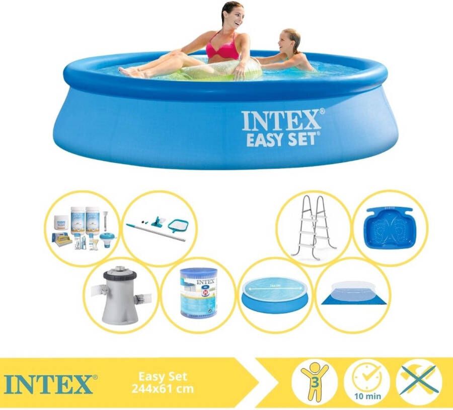 Intex Easy Set Zwembad Opblaaszwembad 244x61 cm Inclusief Solarzeil Onderhoudspakket Filter Grondzeil Onderhoudsset Trap en Voetenbad