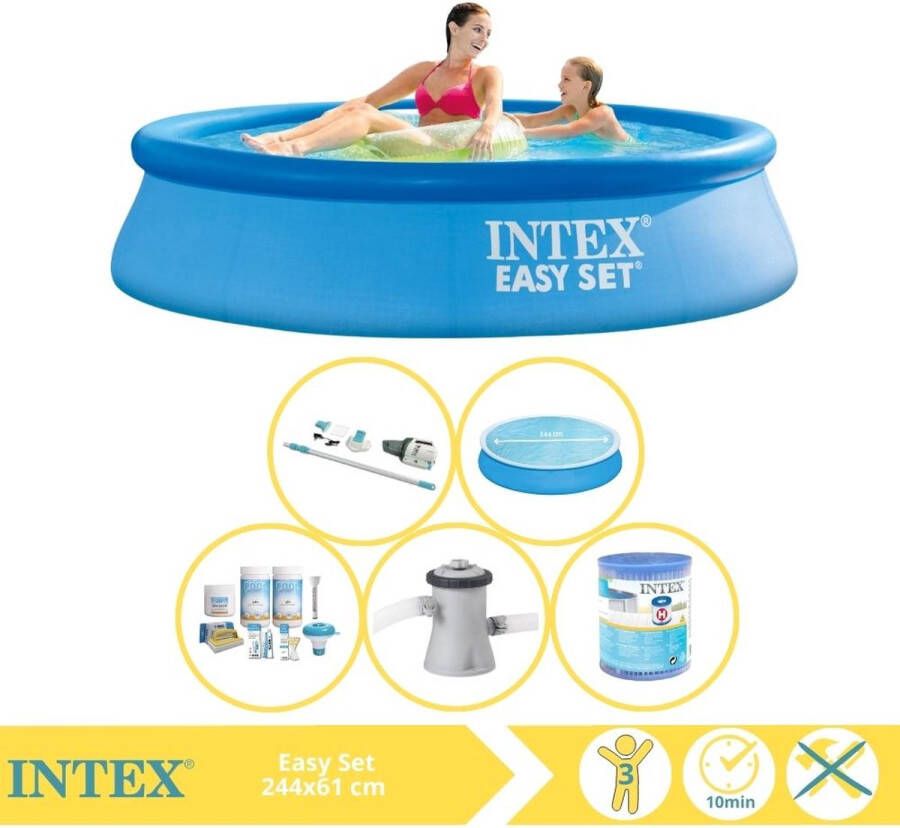 Intex Easy Set Zwembad Opblaaszwembad 244x61 cm Inclusief Solarzeil Onderhoudspakket Zwembadpomp Filter en Stofzuiger
