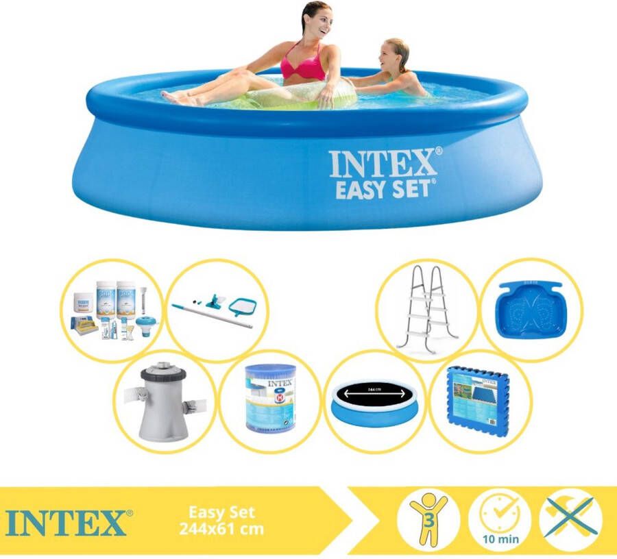 Intex Easy Set Zwembad Opblaaszwembad 244x61 cm Inclusief Solarzeil Pro Onderhoudspakket Filter Onderhoudsset Zwembadtegels en Warmtepomp CP