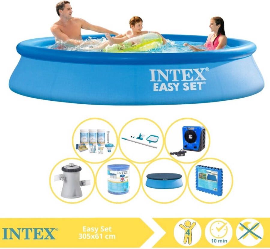 Intex Easy Set Zwembad Opblaaszwembad 305x61 cm Inclusief Afdekzeil Onderhoudspakket Filter Onderhoudsset Zwembadtegels en Warmtepomp HS
