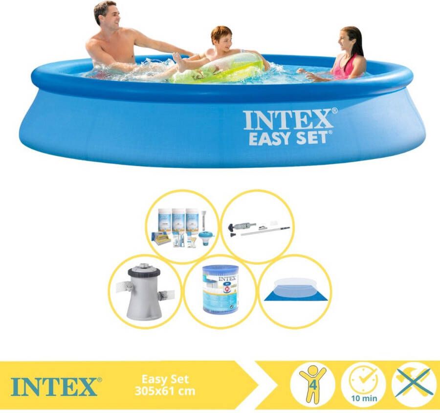 Intex Easy Set Zwembad Opblaaszwembad 305x61 cm Inclusief Onderhoudspakket Zwembadpomp Filter Grondzeil Stofzuiger en Solar Mat