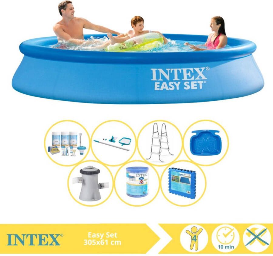 Intex Easy Set Zwembad Opblaaszwembad 305x61 cm Inclusief Onderhoudspakket Zwembadpomp Filter Onderhoudsset Trap Voetenbad en Zwembadtegels