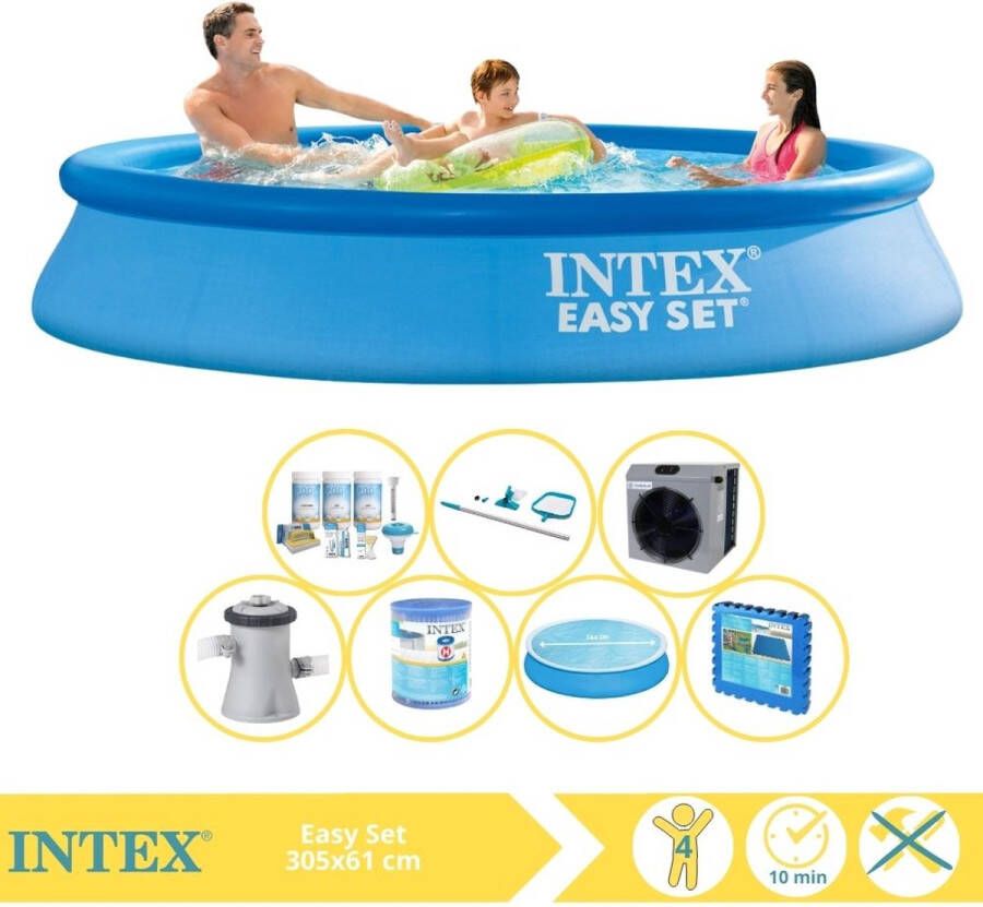 Intex Easy Set Zwembad Opblaaszwembad 305x61 cm Inclusief Solarzeil Onderhoudspakket Filter Onderhoudsset Zwembadtegels en Warmtepomp CP