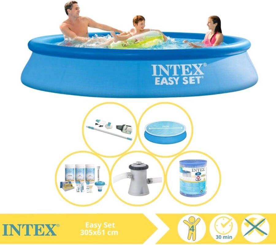 Intex Easy Set Zwembad Opblaaszwembad 305x61 cm Inclusief Solarzeil Onderhoudspakket Zwembadpomp Filter Onderhoudsset Zwembadtegels en Warmtepomp HS