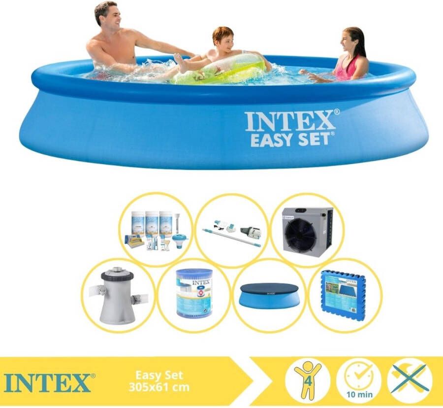 Intex Easy Set Zwembad Opblaaszwembad 305x61 cm Inclusief Solarzeil Pro Onderhoudspakket Zwembadpomp Filter Onderhoudsset Trap Voetenbad en Zwembadtegels