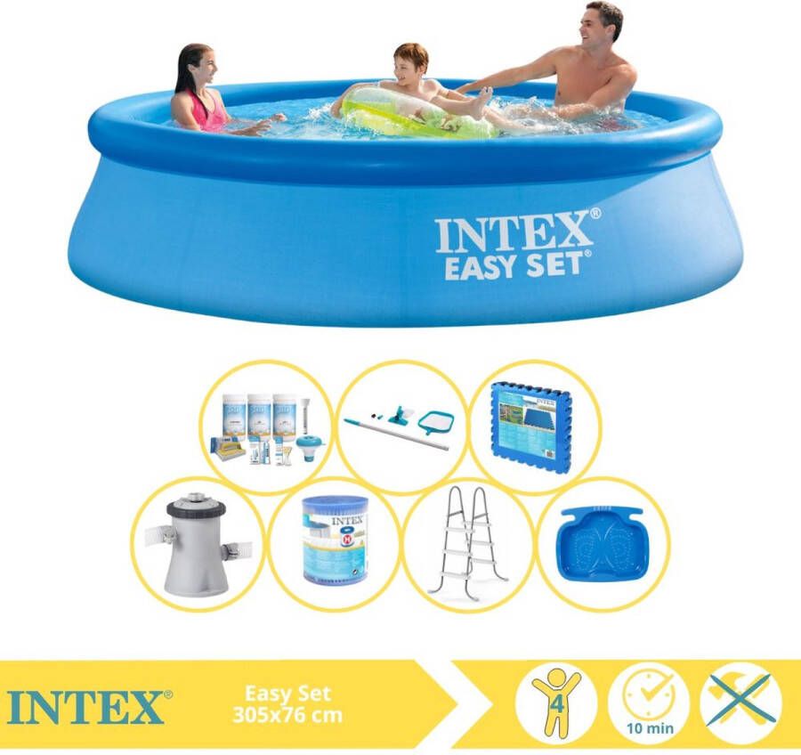 Intex Easy Set Zwembad Opblaaszwembad 305x76 cm Inclusief Onderhoudspakket Zwembadpomp Filter Onderhoudsset Trap Voetenbad en Zwembadtegels