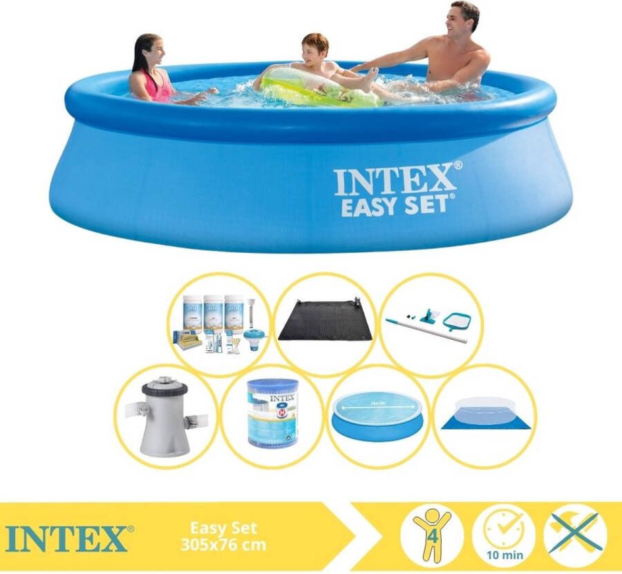 Intex Easy Set Zwembad Opblaaszwembad 305x76 cm Inclusief Solarzeil Onderhoudspakket Filter Grondzeil Onderhoudsset Trap en Voetenbad