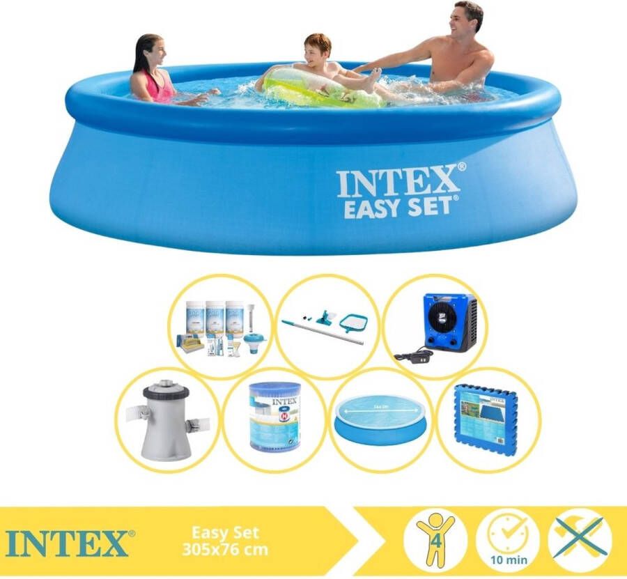 Intex Easy Set Zwembad Opblaaszwembad 305x76 cm Inclusief Solarzeil Onderhoudspakket Filter Onderhoudsset Zwembadtegels en Warmtepomp HS