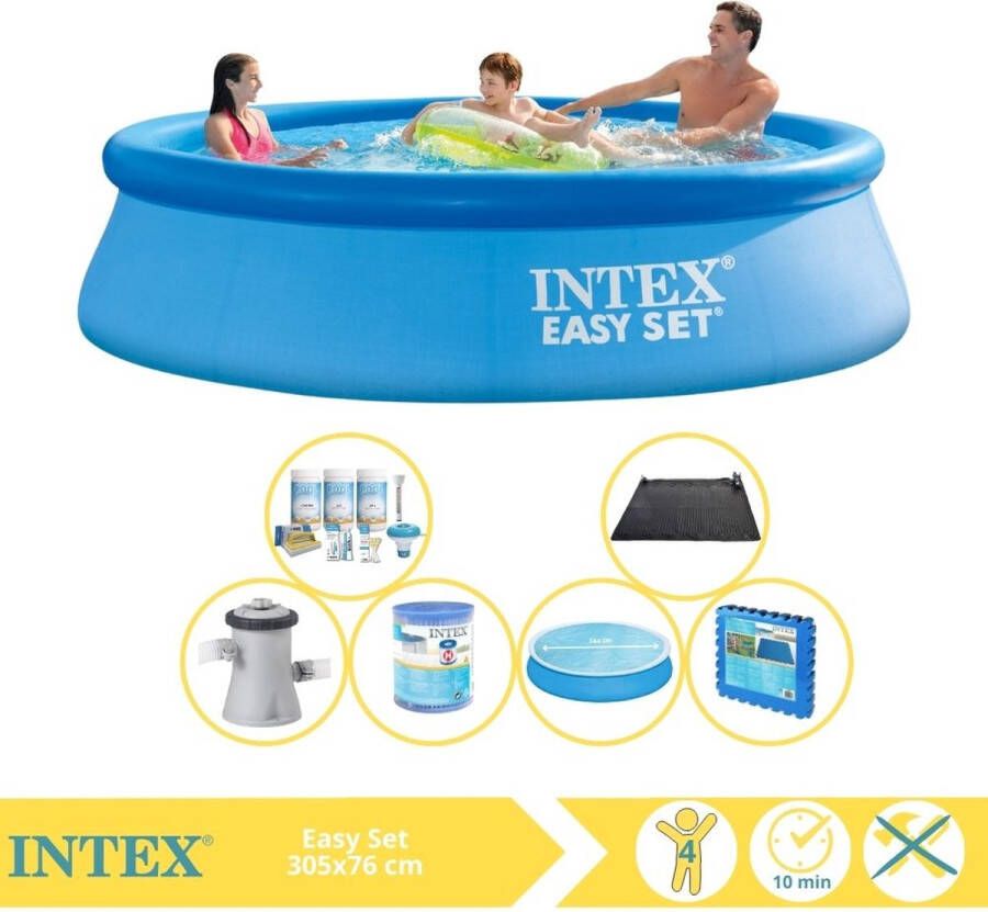 Intex Easy Set Zwembad Opblaaszwembad 305x76 cm Inclusief Solarzeil Onderhoudspakket Filter Solar Mat Trap Voetenbad en Zwembadtegels