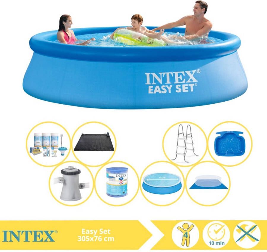 Intex Easy Set Zwembad Opblaaszwembad 305x76 cm Inclusief Solarzeil Onderhoudspakket Zwembadpomp Filter Onderhoudsset Zwembadtegels en Warmtepomp HS