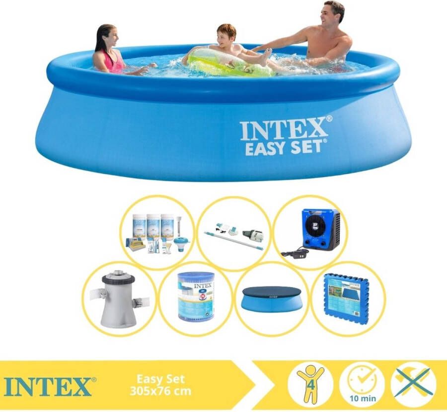 Intex Easy Set Zwembad Opblaaszwembad 305x76 cm Inclusief Solarzeil Pro Onderhoudspakket Filter Stofzuiger Zwembadtegels en Warmtepomp CP