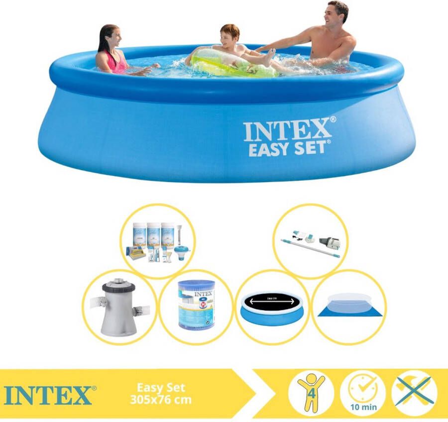 Intex Easy Set Zwembad Opblaaszwembad 305x76 cm Inclusief Solarzeil Pro Onderhoudspakket Zwembadpomp Filter Stofzuiger Zwembadtegels en Warmtepomp HS