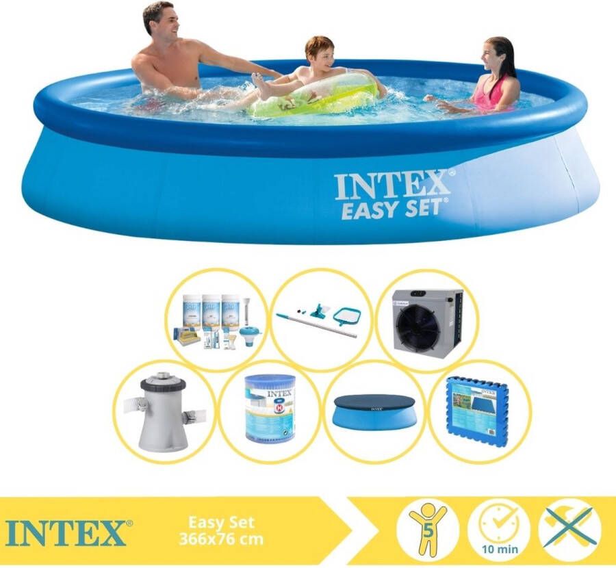 Intex Easy Set Zwembad Opblaaszwembad 366x76 cm Inclusief Afdekzeil Onderhoudspakket Filter Onderhoudsset Zwembadtegels en Warmtepomp HS