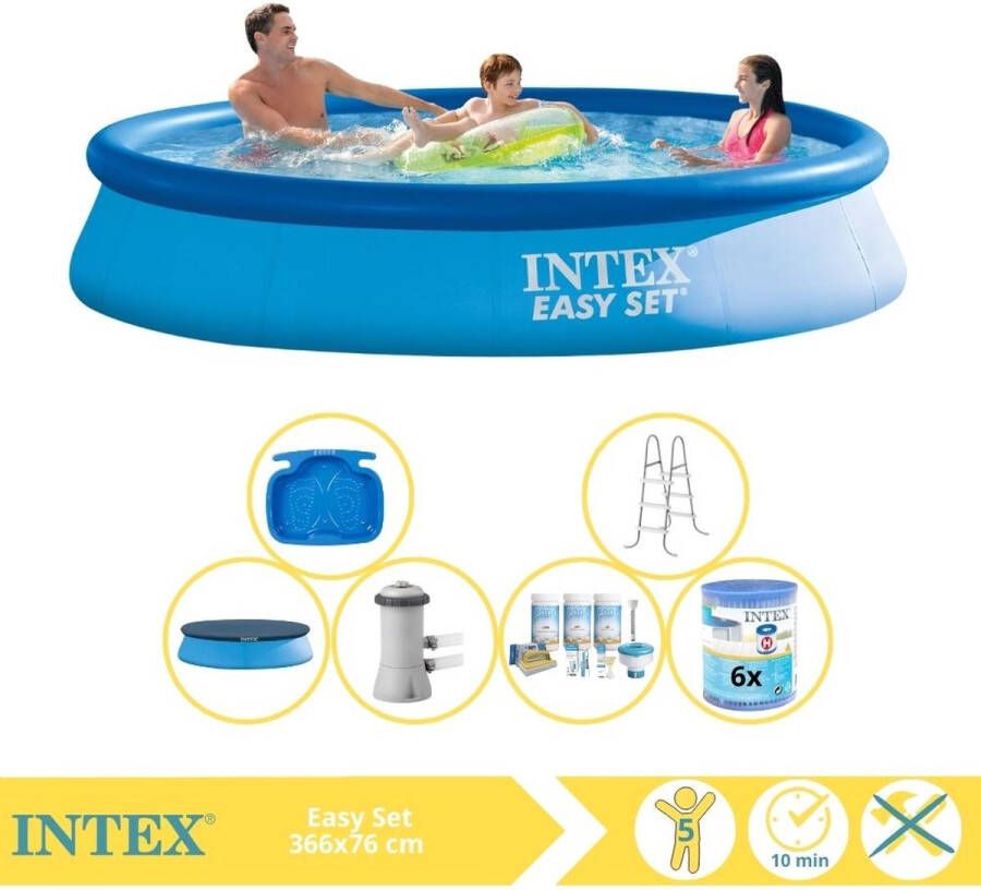 Intex Easy Set Zwembad Opblaaszwembad 366x76 cm Inclusief Afdekzeil Onderhoudspakket Zwembadpomp Filter Grondzeil en Solar Mat