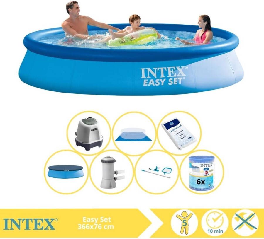 Intex Easy Set Zwembad Opblaaszwembad 366x76 cm Inclusief Afdekzeil Zwembadpomp Filter Grondzeil Onderhoudsset Zoutsysteem en Zout