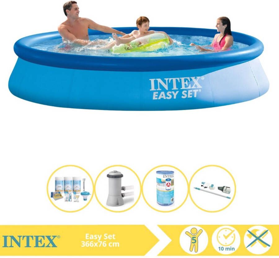 Intex Easy Set Zwembad Opblaaszwembad 366x76 cm Inclusief Onderhoudspakket Zwembadpomp Filter en Stofzuiger