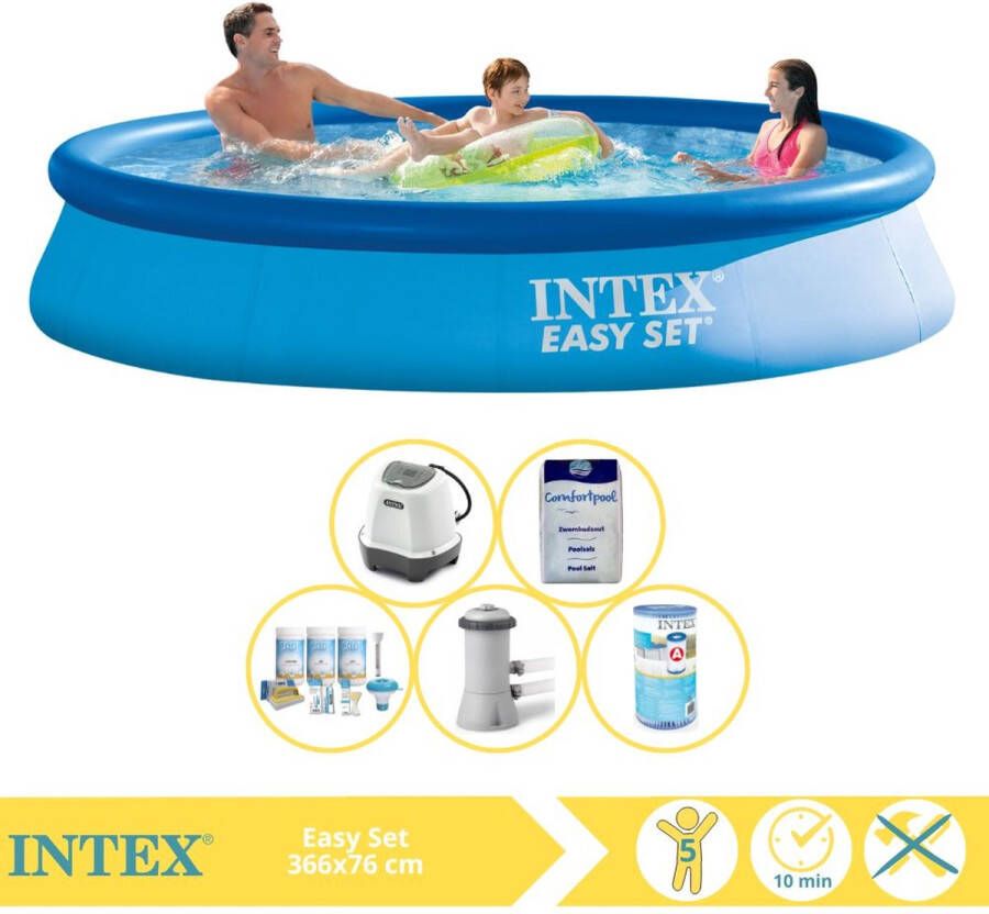 Intex Easy Set Zwembad Opblaaszwembad 366x76 cm Inclusief Onderhoudspakket Zwembadpomp Filter Zoutsysteem en Zout