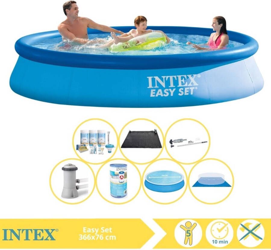 Intex Easy Set Zwembad Opblaaszwembad 366x76 cm Inclusief Solarzeil Onderhoudspakket Filter Grondzeil en Warmtepomp CP