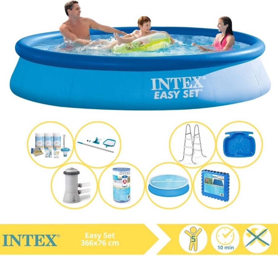Intex Easy Set Zwembad Opblaaszwembad 366x76 cm Inclusief Solarzeil Onderhoudspakket Filter Onderhoudsset Zwembadtegels en Warmtepomp CP