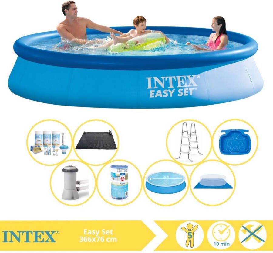 Intex Easy Set Zwembad Opblaaszwembad 366x76 cm Inclusief Solarzeil Onderhoudspakket Zwembadpomp Filter Onderhoudsset Zwembadtegels en Warmtepomp CP