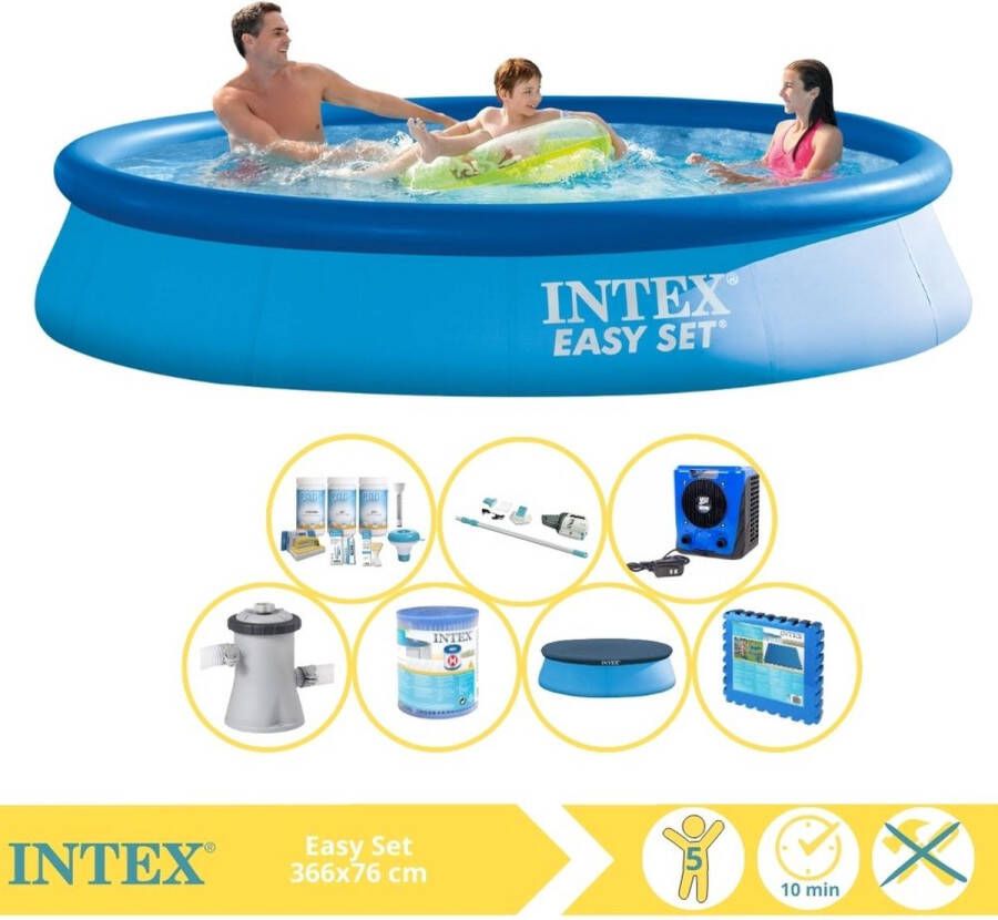 Intex Easy Set Zwembad Opblaaszwembad 366x76 cm Inclusief Solarzeil Pro Onderhoudspakket Filter Stofzuiger Zwembadtegels en Warmtepomp CP