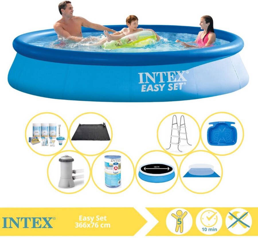 Intex Easy Set Zwembad Opblaaszwembad 366x76 cm Inclusief Solarzeil Pro Onderhoudspakket Zwembadpomp Filter en Stofzuiger