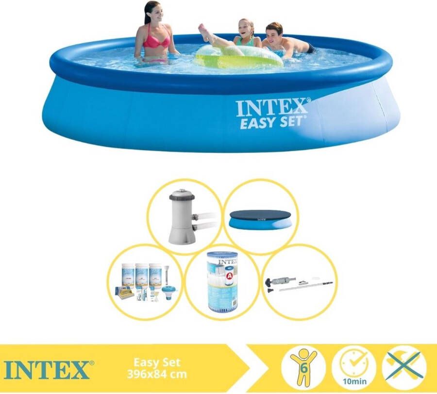 Intex Easy Set Zwembad Opblaaszwembad 396x84 cm Inclusief Afdekzeil Onderhoudspakket Filter en Stofzuiger