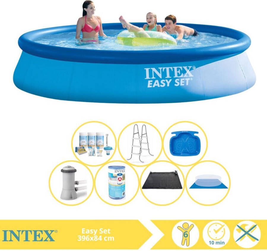 Intex Easy Set Zwembad Opblaaszwembad 396x84 cm Inclusief Onderhoudspakket Zwembadpomp Filter Grondzeil Stofzuiger en Solar Mat