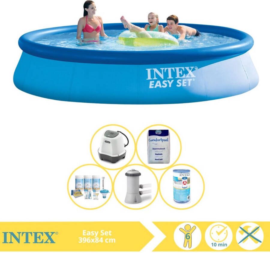 Intex Easy Set Zwembad Opblaaszwembad 396x84 cm Inclusief Onderhoudspakket Zwembadpomp Filter Zoutsysteem en Zout