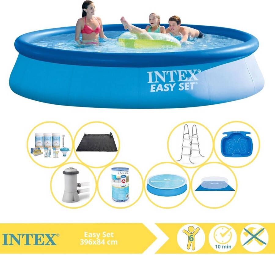 Intex Easy Set Zwembad Opblaaszwembad 396x84 cm Inclusief Solarzeil Onderhoudspakket Filter Grondzeil en Stofzuiger