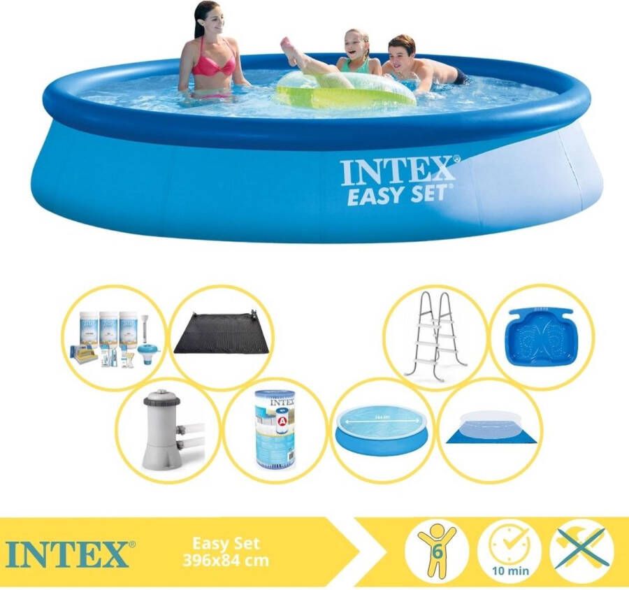 Intex Easy Set Zwembad Opblaaszwembad 396x84 cm Inclusief Solarzeil Onderhoudspakket Zwembadpomp Filter Onderhoudsset en Warmtepomp CP