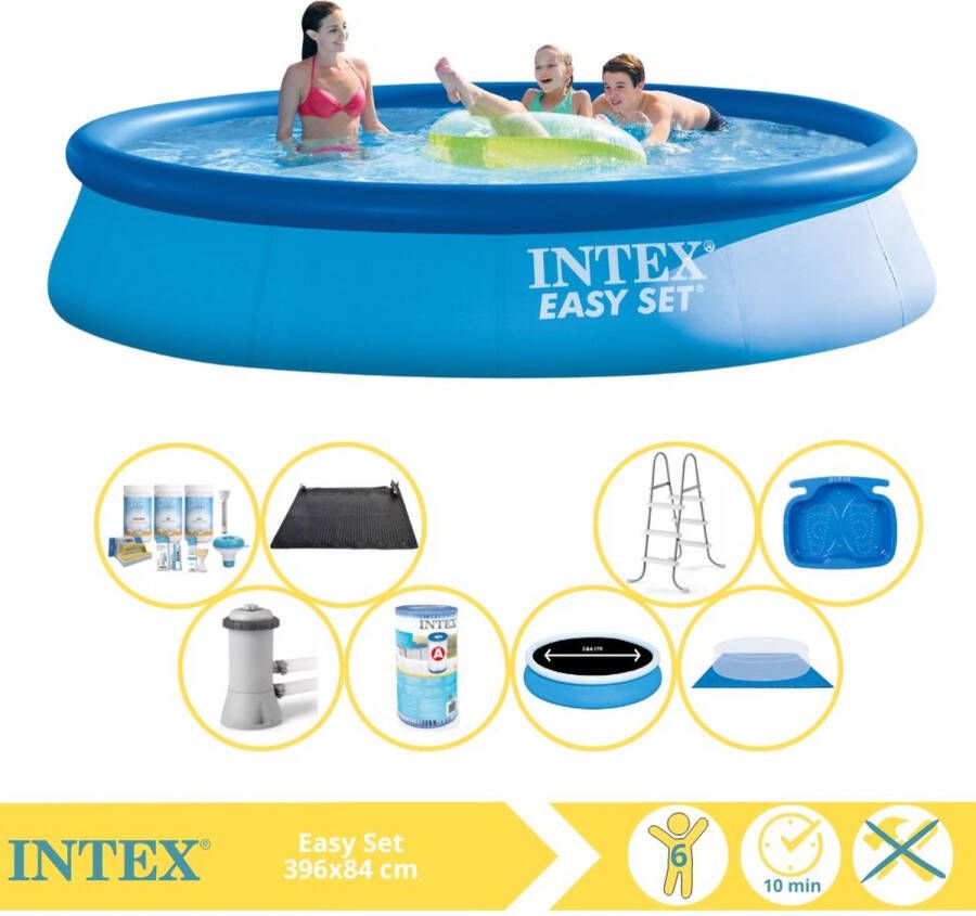 Intex Easy Set Zwembad Opblaaszwembad 396x84 cm Inclusief Solarzeil Pro Onderhoudspakket Zwembadpomp Filter Grondzeil Onderhoudsset Trap en Voetenbad