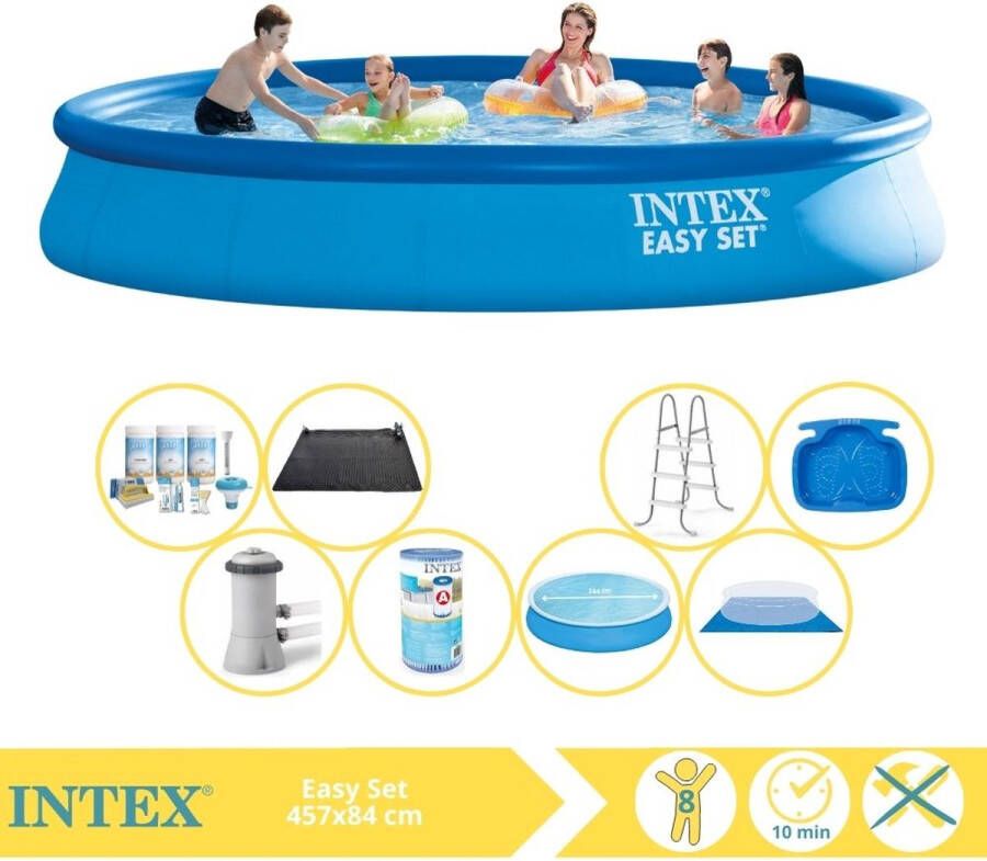 Intex Easy Set Zwembad Opblaaszwembad 457x84 cm Inclusief Comfortpool Solarzeil Ã¸457 cm Onderhoudspakket Filter Stofzuiger Zwembadtegels en Warmtepomp HS