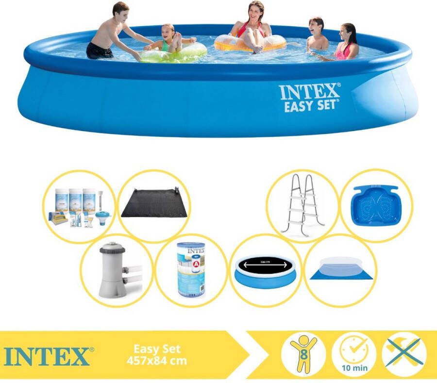 Intex Easy Set Zwembad Opblaaszwembad 457x84 cm Inclusief Solarzeil Pro Onderhoudspakket Filter Grondzeil Solar Mat Trap en Voetenbad