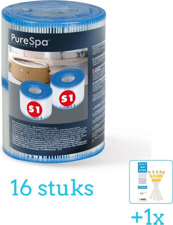 Intex Filter Cartridge S1 voor Opblaas Spa Jacuzzi (per 2 verpakt) 16 stuks Voordeelverpakking Inclusief WAYS Testrips (1 stuks) Geschikt voor Spa